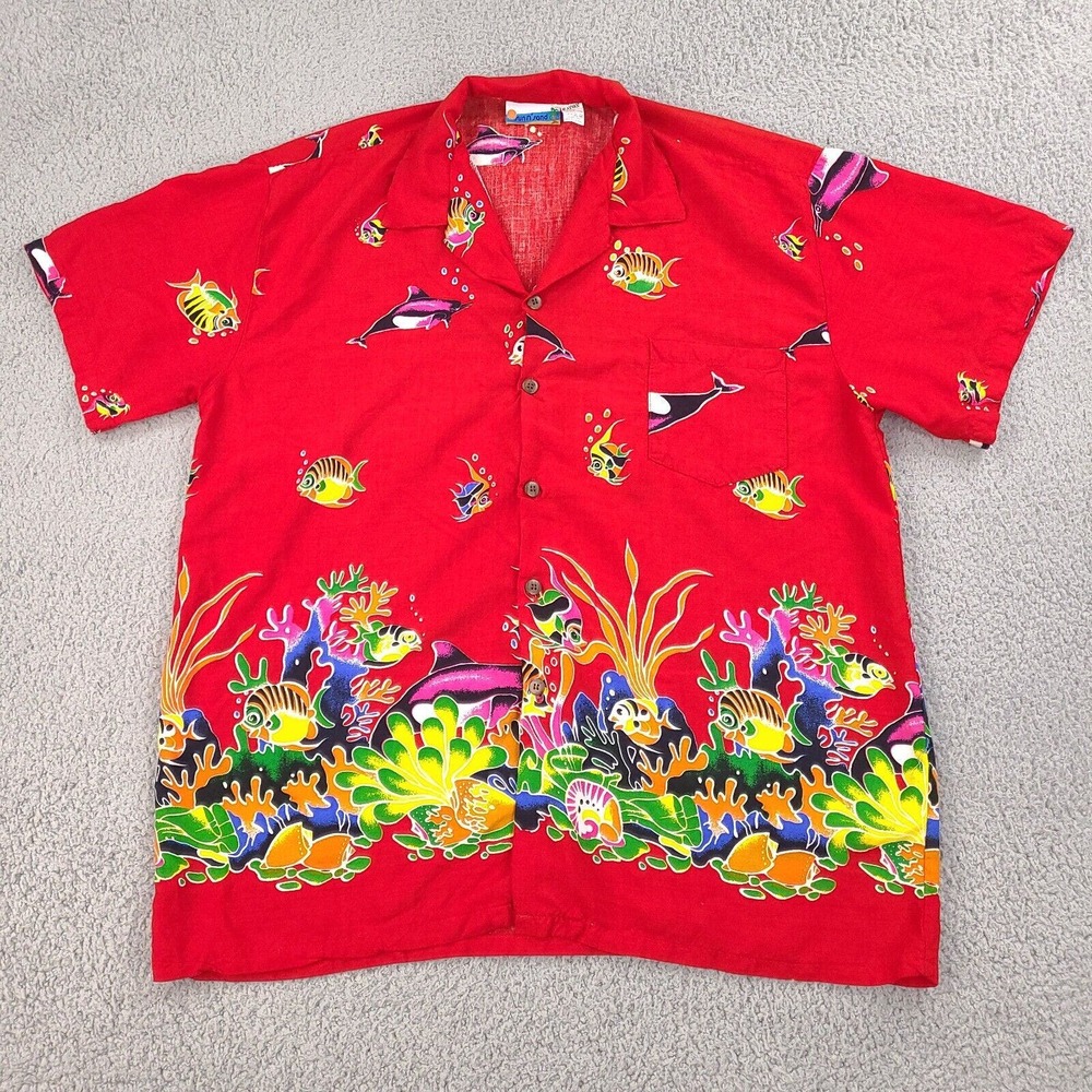 Sun n Sand Hawaiian Shirt Mens Large Red Colorful Rayon Button Down Fish Ocean
